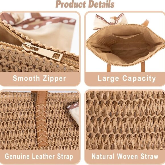 Women's Straw Beach Tote Large Lightweight Summer Purse Travel Work - Picture 2 of 9